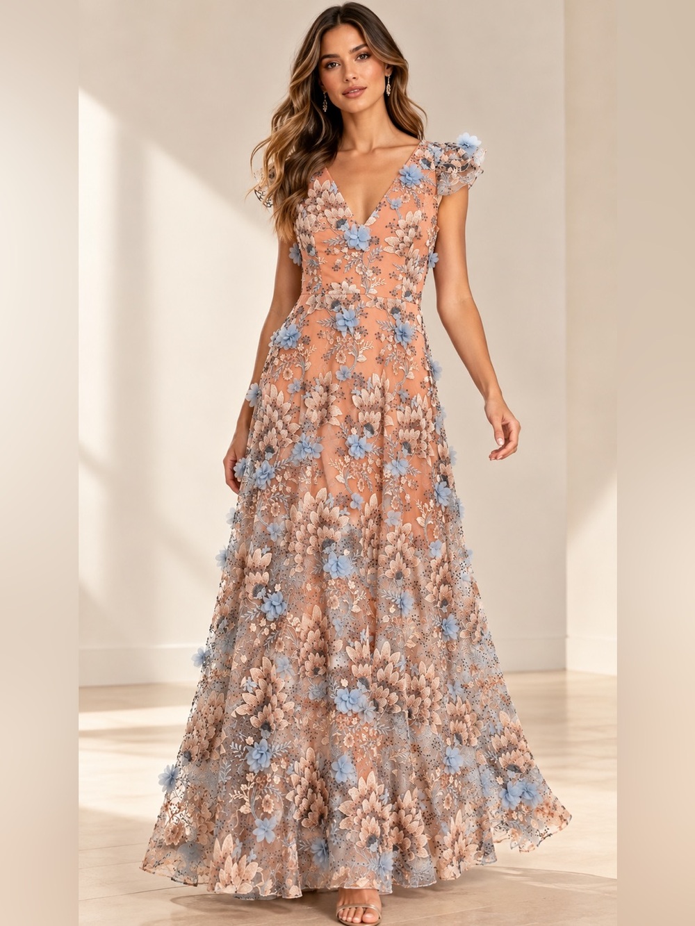 Dress The Population Sydney 3D Floral Embroidered Maxi Gown Dress Peach Large